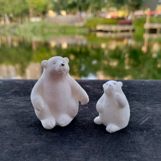 2 Miniature Figurines Mother white bear Baby bear